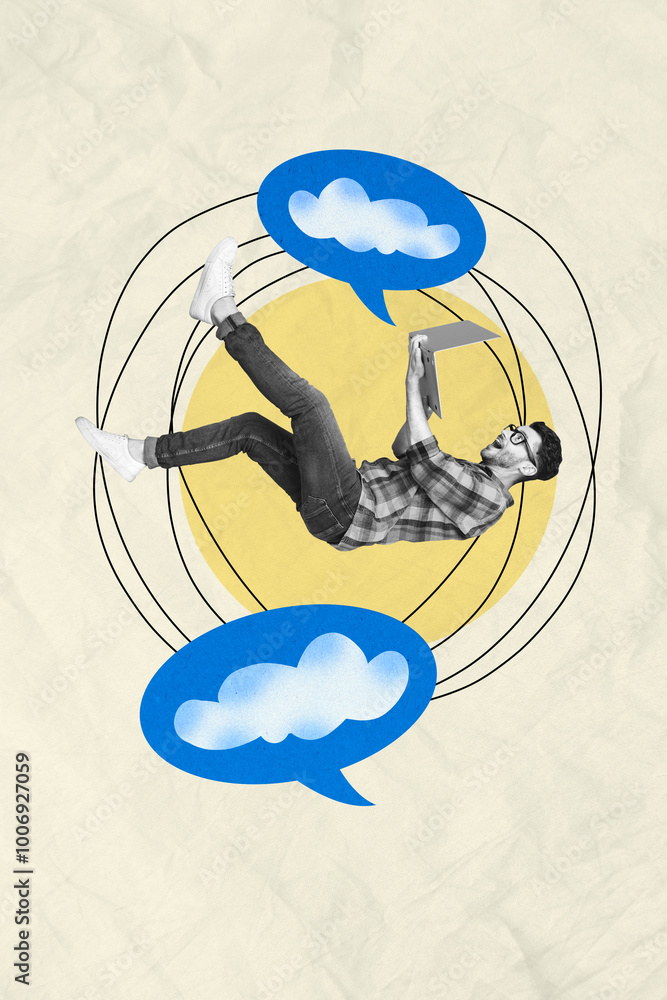 Poster composite sketch image trend artwork 3d photo collage of young man blogger fall down hold laptop typ