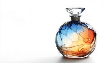 Elegant glass perfume bottle with colorful artistic design, featuring blue and orange hues, isolated on a white background.