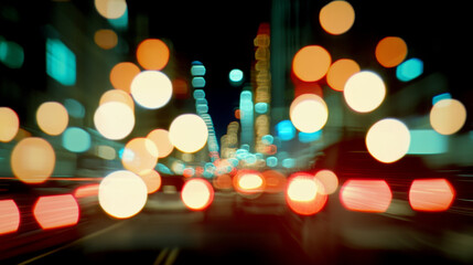 Fototapeta premium Blurry city lights create vibrant and dynamic atmosphere, showcasing traffic scene filled with colorful bokeh effects. fast paced urban environment is captured beautifully