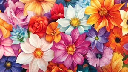 Obraz premium A vibrant collection of multicolored flowers in full bloom, showcasing the beauty of nature with a variety of petals and hues.
