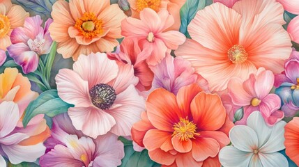 Beautiful watercolor floral pattern with vibrant flowers in pink, orange, and purple, perfect for a creative and elegant design background.