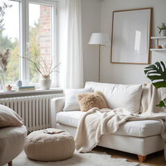 Scandinavian, hygge home interior design of modern living room. Cozy white sofa with pillows and blanket against window.