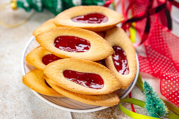 Cookies strawberry jam boat shape sweet christmas cookies delicious baked goods Christmas background New Year's holiday fresh meal food snack on the table copy space food background rustic top view