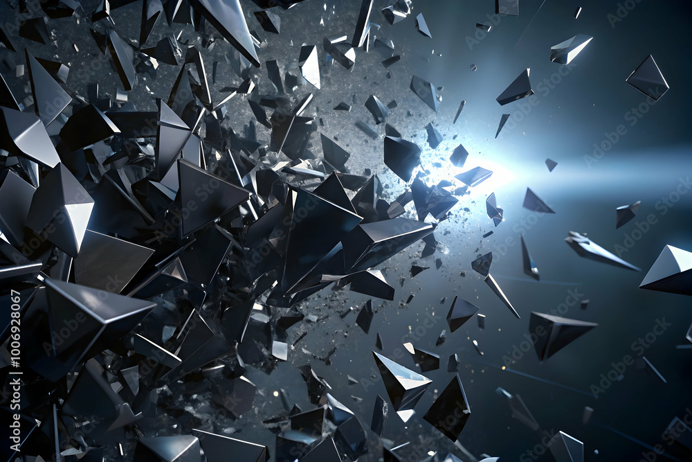 Poster shattered reality: a dramatic and abstract image of fragmented, metallic shapes, seemingly exploding