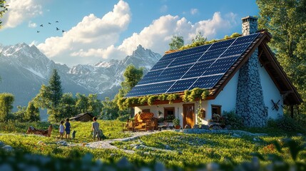Fototapeta premium Happy family near their house with solar panels. Alternative energy source.