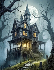 Mysterious Gothic Mansion in Moonlit Eerie Landscape