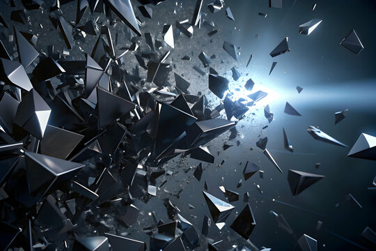 Shattered Reality: A dramatic and abstract image of fragmented, metallic shapes, seemingly exploding outwards from a central point, bathed in an ethereal light.