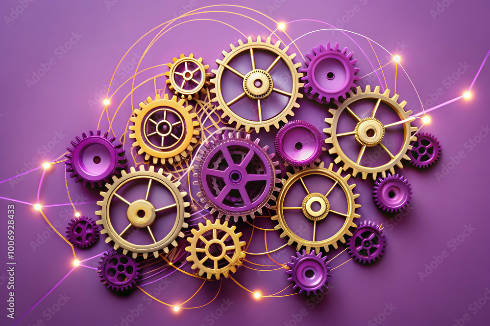 Poster interconnected gears: a mesmerizing array of golden and purple gears interlock, creating a symbolic 