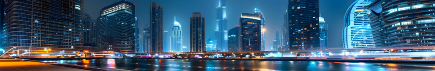 Obraz premium Panoramic view of Dubai's Business Bay at night, with illuminated buildings
