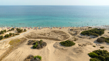 Aerial view of the beach of San Pietro in Bevagna in Salento, Puglia, Italy. In the background is the Mediterranean Sea, specifically the Ionian Sea. © Stefano Tammaro