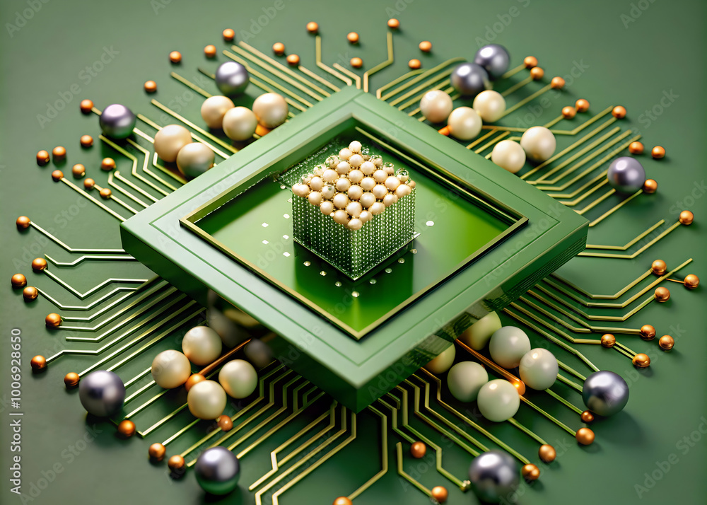 Poster green tech chip: abstract 3d render of a microchip, showcasing intricate circuitry and gleaming sphe