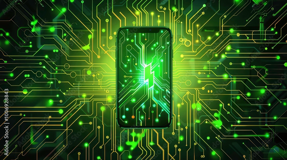 Poster a smart phone sits on a glowing circuit board, representing the connection between technology and th