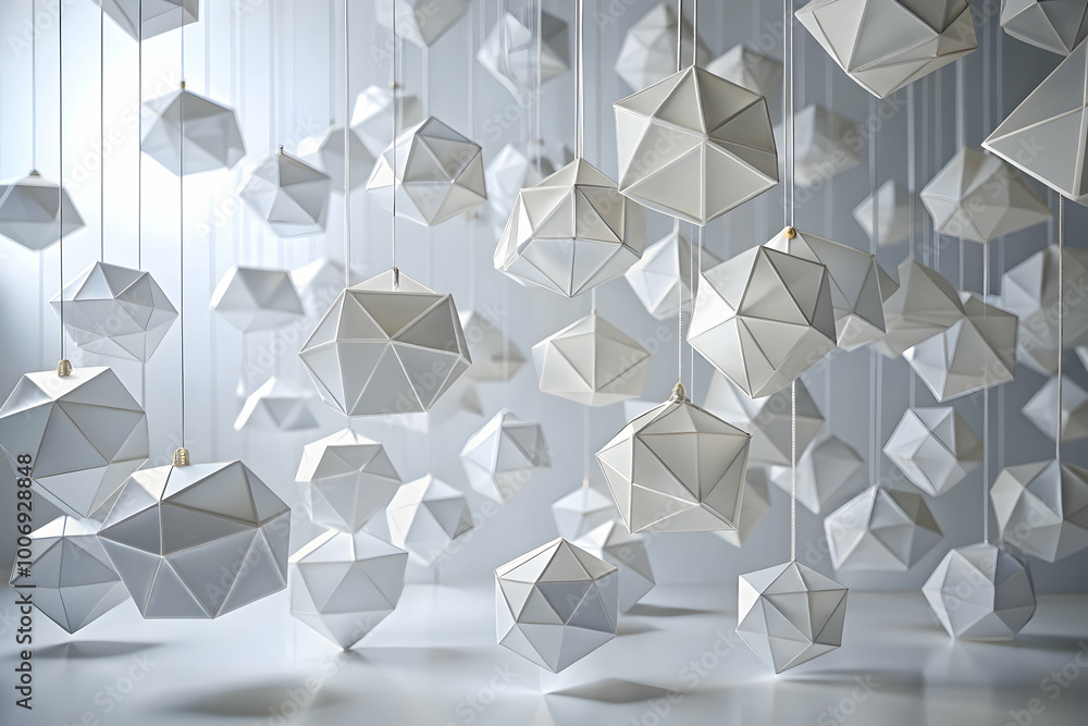 Poster suspended geometry: an ethereal installation of delicate, white geometric forms hangs in mid-air, cr