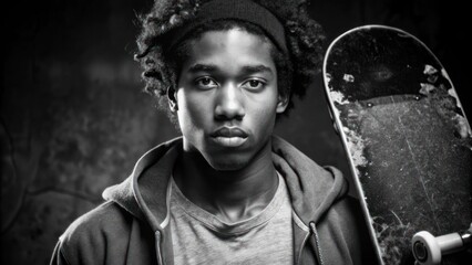 A young skater poses confidently with a skateboard in an urban setting during the late afternoon
