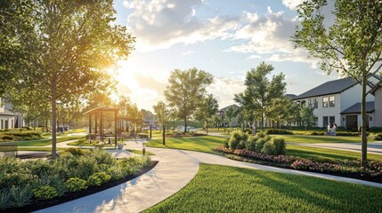 Fototapeta premium Serene suburban neighborhood with tree-lined streets, colorful flowerbeds, and cozy homes