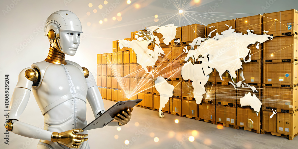 Poster global logistics automation: a futuristic robot stands amidst a vast network of shipping containers,