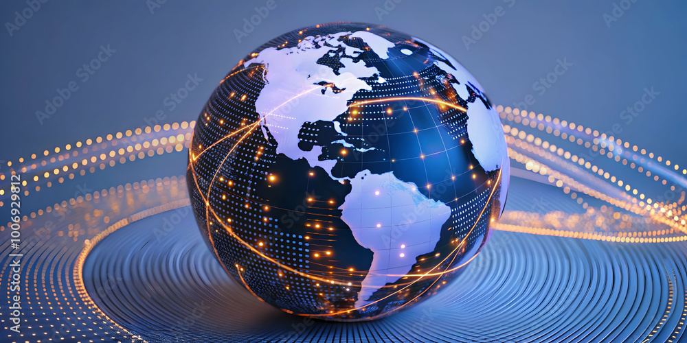 Poster global network connection: a futuristic digital globe illuminated with glowing nodes and connecting 