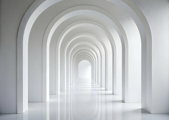 Fototapeta premium Infinite White Arches: A mesmerizing perspective down a long corridor of pristine white arches, creating a sense of depth, serenity, and architectural elegance. 