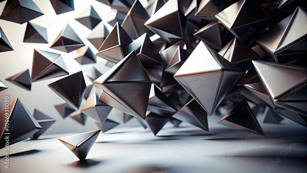 Poster abstract metallic pyramids: a mesmerizing 3d render of numerous dark gray and silver pyramids floati