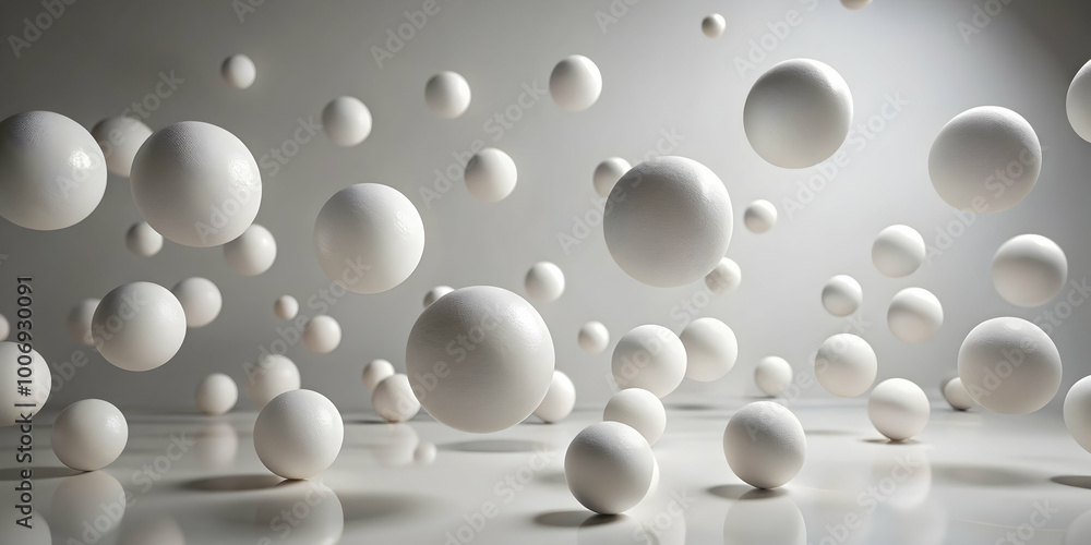 Poster floating spheres: a minimalist and abstract composition with a multitude of white spheres suspended 
