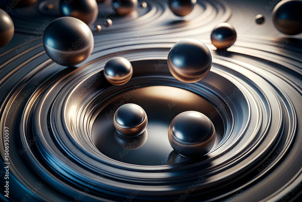 Poster metallic spheres in concentric rings: a mesmerizing abstract composition of metallic spheres floatin