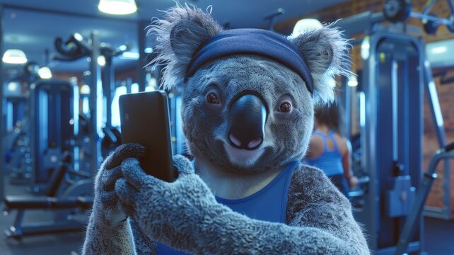 A cute koala wearing a headband and gym outfit taking a selfie in a fitness center, surrounded by workout equipment and weights.
