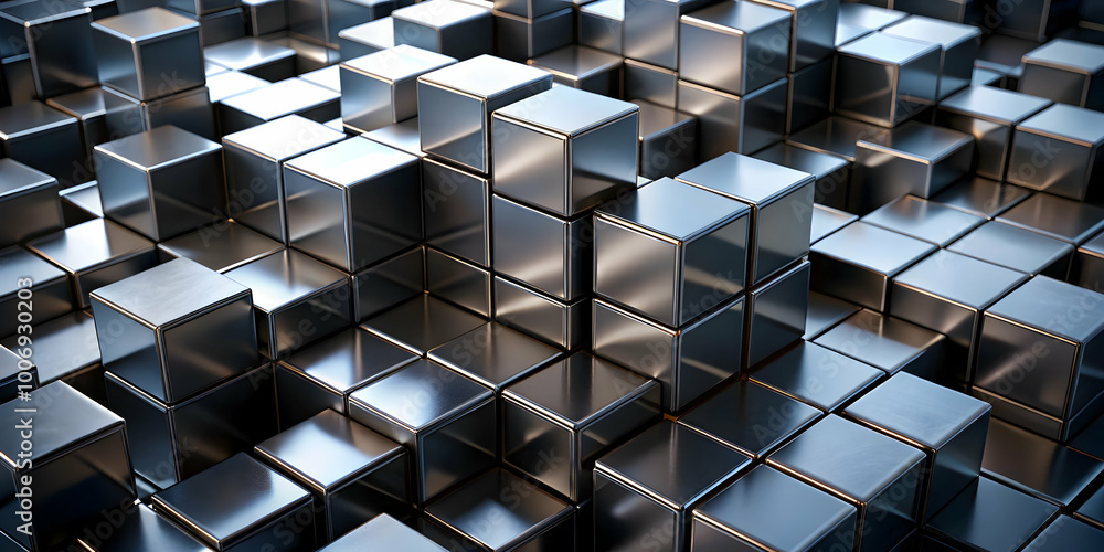 Poster metallic cube city: abstract 3d rendering of a dense cityscape composed entirely of gleaming metalli