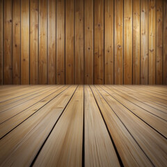 Naklejka premium Wooden boards create warm and inviting atmosphere in this interior space, showcasing beautifully textured floor and wall. natural grain and color of wood enhance rooms aesthetic appeal
