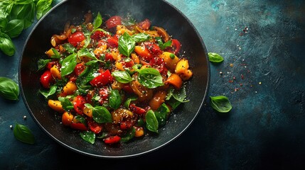 Sauteed Peppers and Basil in a Wok