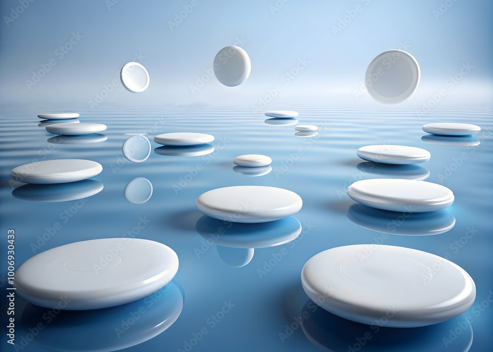 Poster abstract minimalist water reflection: a mesmerizing visual of white, circular objects floating and r