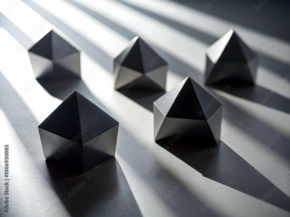 Poster geometric shadows: a minimalist arrangement of five black geometric shapes cast dramatic shadows on 
