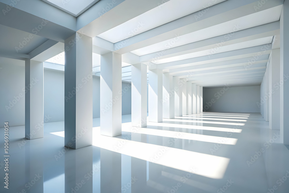 Poster modern minimalist architecture: sunlit hallway with columns