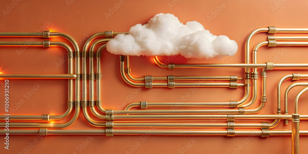 Poster cloud computing network: abstract 3d rendering of a fluffy white cloud nestled within a complex netw