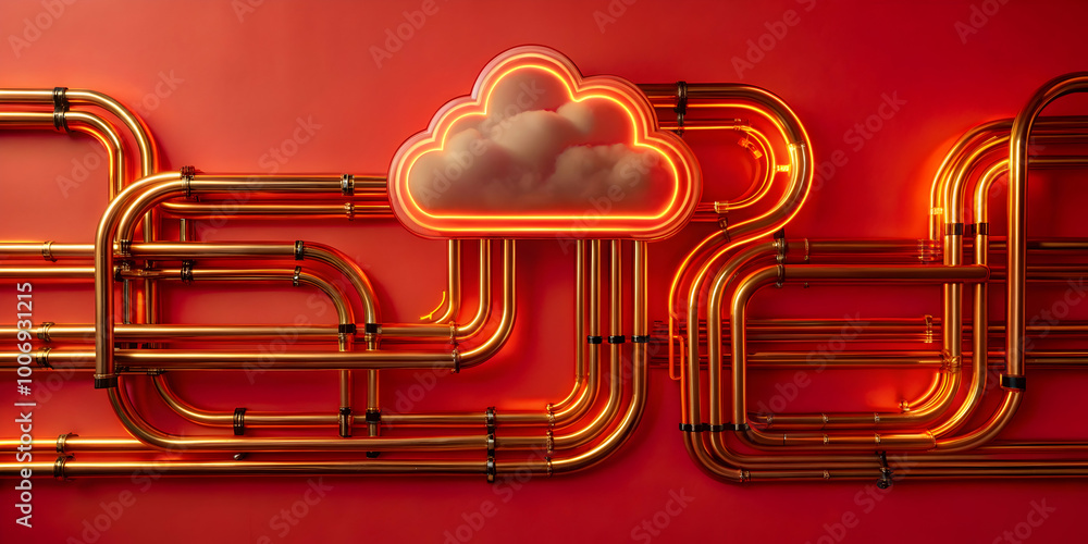 Poster cloud data stream: abstract art depicting a glowing neon cloud icon integrated into a complex networ