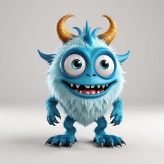 Obraz premium A cute blue monster character with horns and big eyes, designed for entertainment or animation.