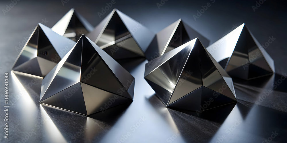 Poster metallic geometric abstract: a collection of sleek, metallic pyramids arranged in a dynamic composit