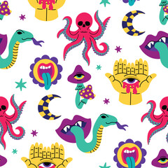 Psychedelic trend seamless pattern, bright acidic elements. Cartoon illustration on a white background