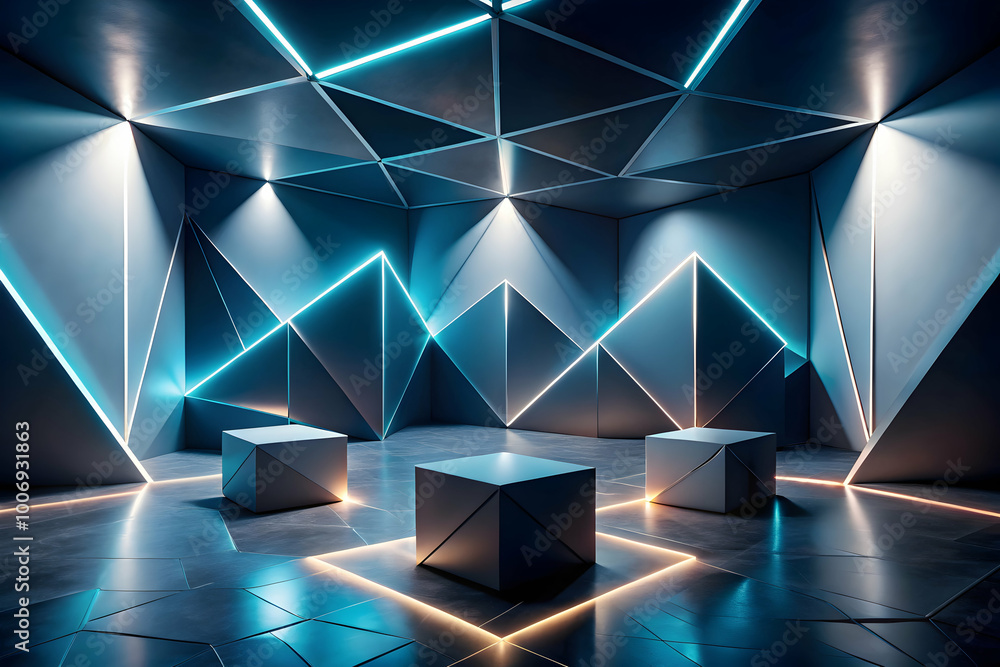 Poster neon geometric stage: a futuristic and abstract backdrop with sleek geometric shapes illuminated by 