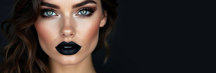 Gorgeous young Caucasian blue eyed woman wearing black lipstick, with black hair against black background.