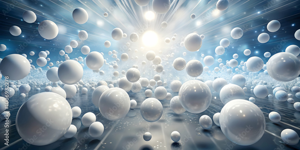 Poster cosmic dance: a mesmerizing abstract scene of white orbs floating in a radiant, celestial space, rad