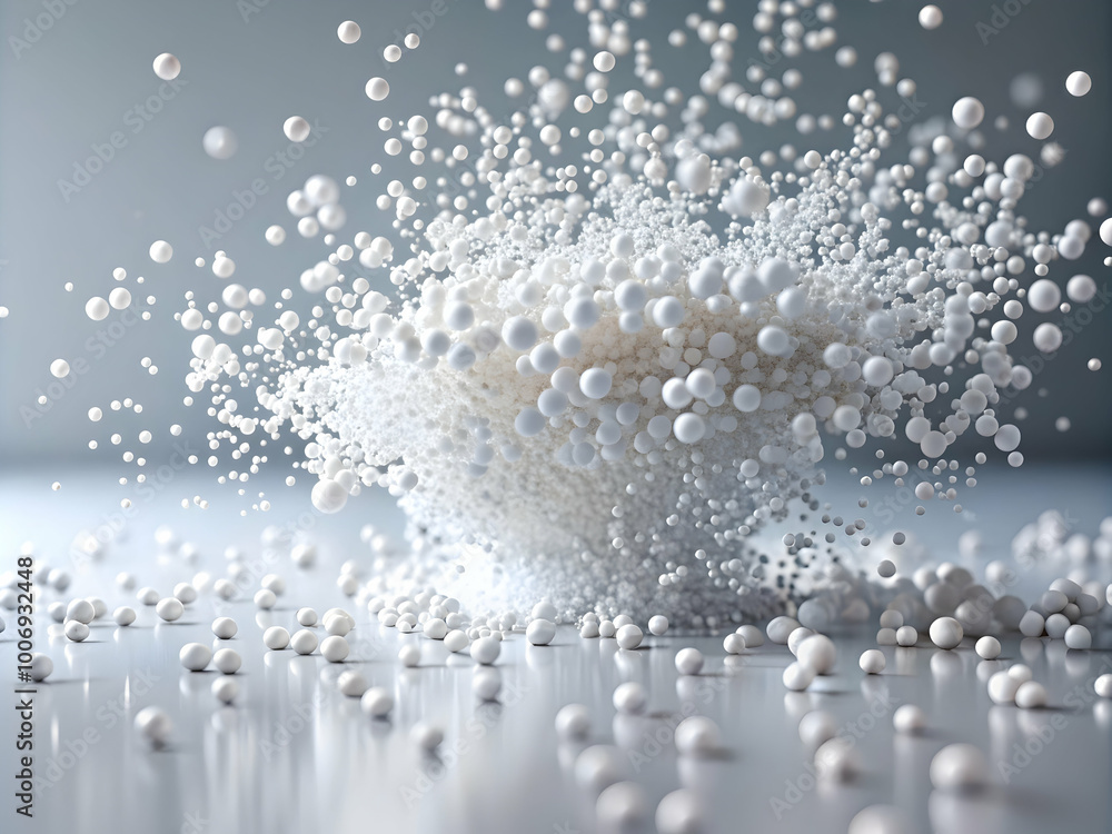 Poster white sphere explosion: abstract 3d render of exploding white spheres