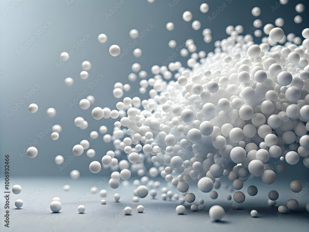 Poster exploding spheres: abstract 3d rendering of white spheres in a dynamic explosion, creating a sense o
