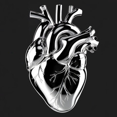 Metallic anatomical heart sculpture on black background