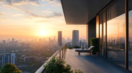 Scenic view from balcony of urban apartment. City skyline viewed from balcony