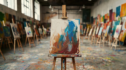 Art room filled with easels, paint, and brushes, showcasing vibrant colors and creativity. atmosphere is inspiring and lively, perfect for artistic expression