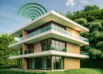 Obraz premium Smart Home in the Woods: A modern, stylish home with a green roof and large windows sits nestled in a lush forest, surrounded by trees, with a green wifi symbol floating above.