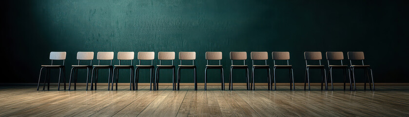 Minimalist wooden chairs lined up against dark green wall, creating serene and organized atmosphere. wooden seats contrast beautifully with sleek metal legs, enhancing modern aesthetic