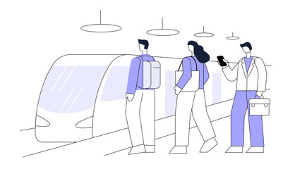 Subway train arriving at metro platform. Passengers Waiting. Flat vector illustration