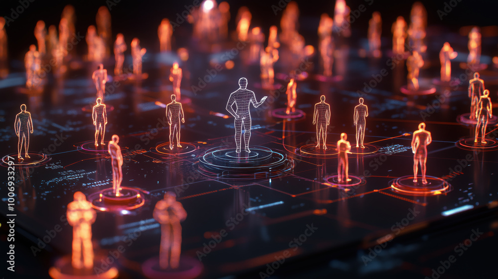 Poster digital network with holographic figures representing human resources