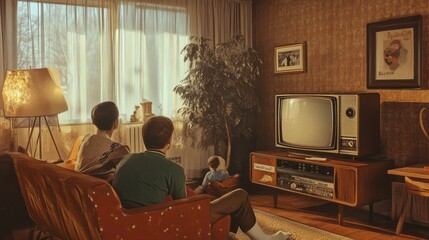 Old vintage photo of a family watching TV at home
